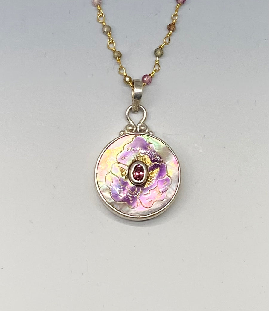 Victorian Carved Shell Tinted Floral Button w/ Aqua Marine Facet Stone Center set in Sterling Silver w/Garnet Necklace