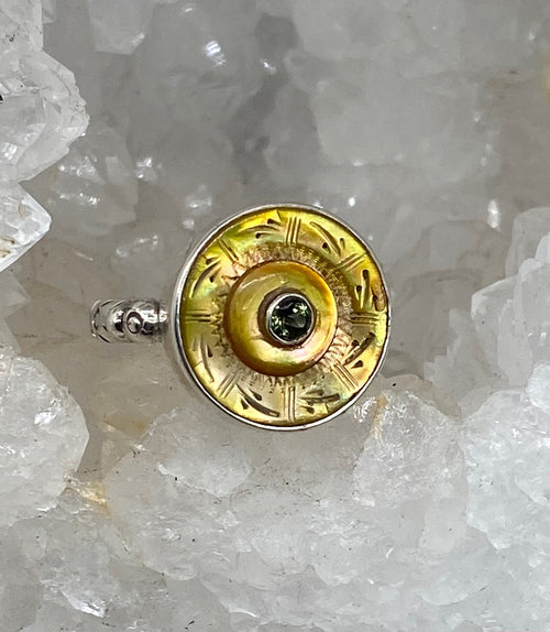 Victorian Carved Tinted Shell Button with Green Tourmaline stone Center set in Sterling Silver Ring Size 7.5