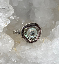 Victorian Carved Tinted Shell Button with Green Tourmaline stone Center set in Sterling Silver Ring Size 7.5