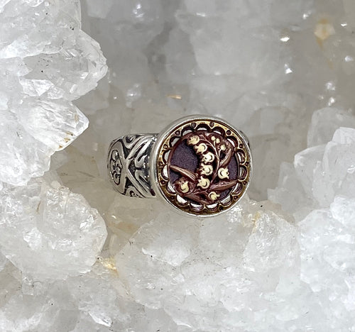 Victorian Ivroid Floral Button set in Sterling Silver Ring Size 7.5