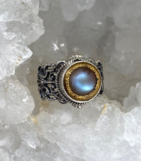 Victorian Saphiret Glass set in set Metal Buttons Czech Republic set in sterling Silver Ring Size 7.5