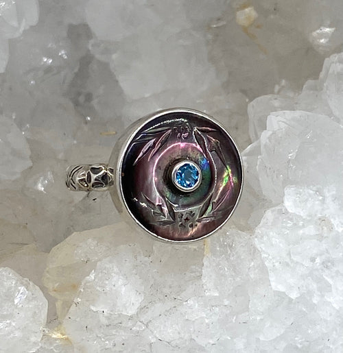 Victorian Carved Shell Button with Topaz Center set in Sterling Silver Ring Size 8