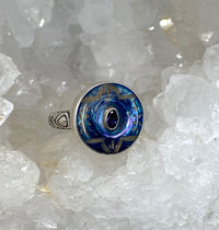 Victorian Carved Shell Tinted Button with Iolite Center set in Sterling Silver Ring Size 8