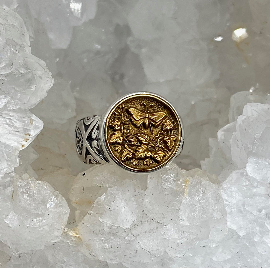 Victorian Picture Metal Butterfly Button set in Sterling Silver Ring Size 8