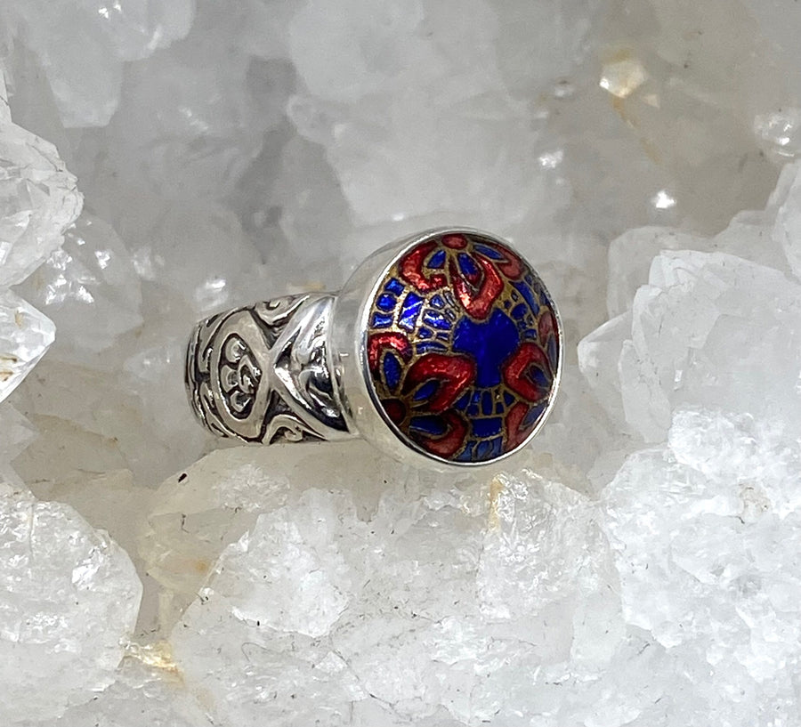 Victorian Hand Painted Floral Blue & Red Button set in Sterling Silver Ring Size 8