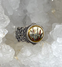 Satsuma Hand Painted Porcelain Iris Button set in Sterling Silver Filigree Ring Size 8