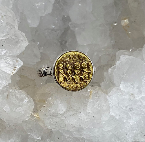 Victorian Picture Metal Kate Greenaway Storybook Author Button set in Sterling Silver Ring Size 8