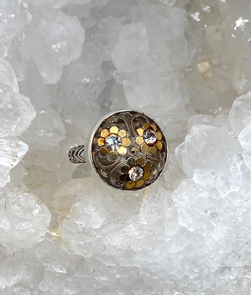 Czech Republic Luster Glass w/ Rhinstone Button set in Sterling Silver Ring Size 8