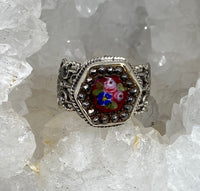 Victorian Hand Painted Floral Button w/ Steel Facet Border Button set in Sterling Silver Filigree Ring Size 8.5