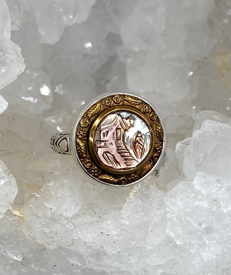 Victorian Carved Village Scene w/ Ornate Brass Border Button set in Sterling Silver Ring Size 8.5
