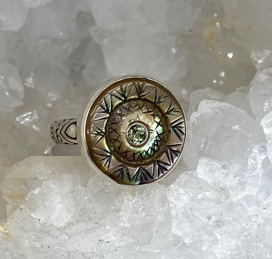 Victorian Carved Shell W/ Tourmaline Center Button set in Sterling Silver Ring Size 8.5