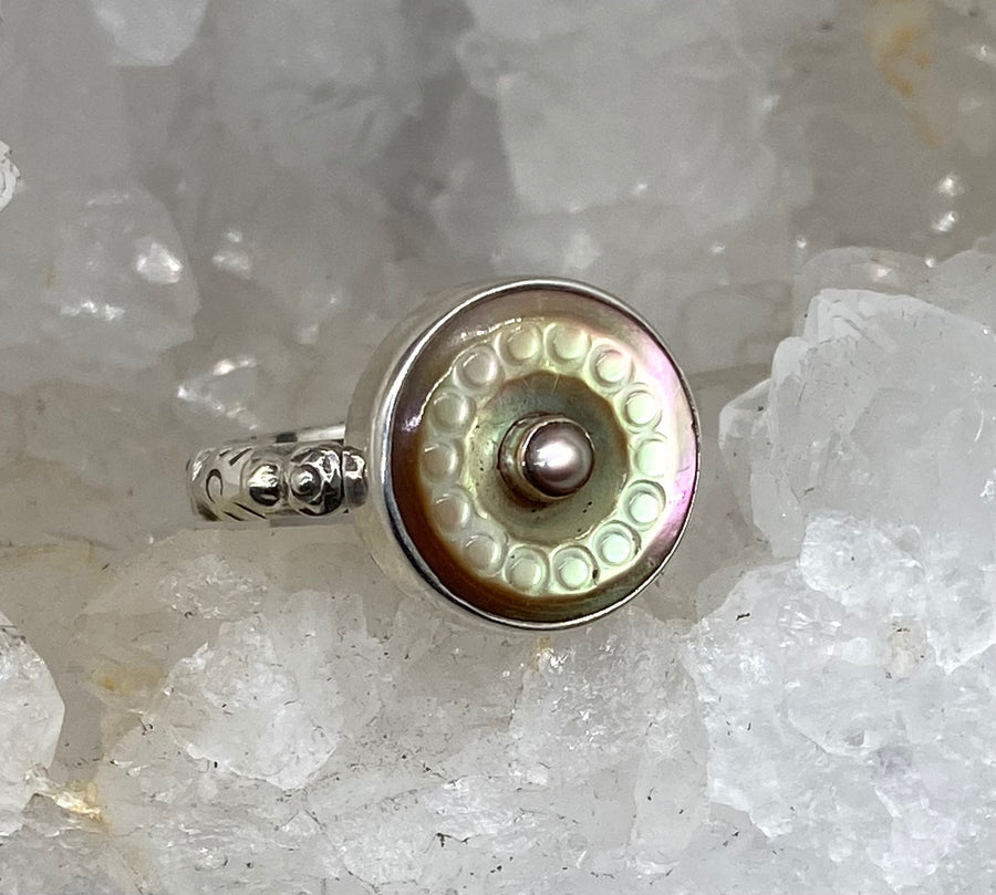 Victorian Carved Shell W/ Pearl Center Button set in Sterling Silver Ring Size 8.5