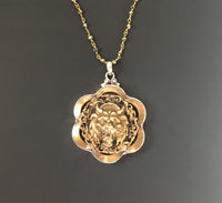 Beautiful Victorian Raised Lions Head Antique Button Set in Sterling Silver Pendant w/ Pyrite Stone Necklace