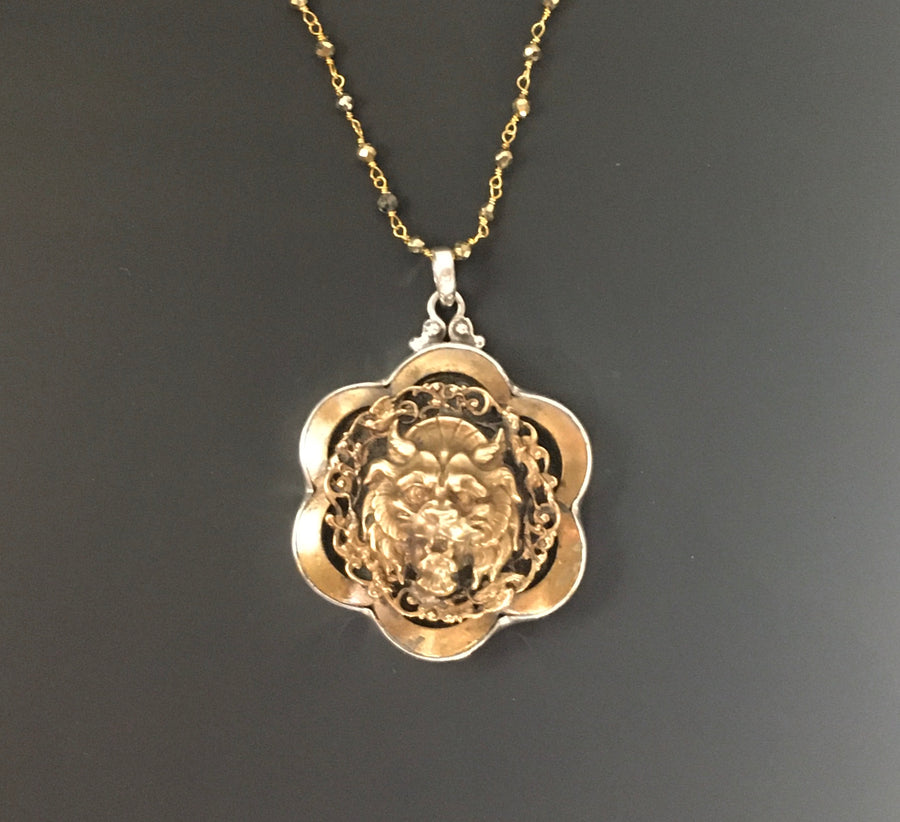 Beautiful Victorian Raised Lions Head Antique Button Set in Sterling Silver Pendant w/ Pyrite Stone Necklace