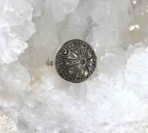 Victorian Domed Filigree Twinkle Metal Button set in Sterling silver Ring Size 8