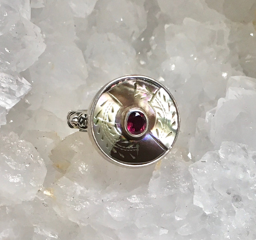 Victorian Carved Shell Button w/ Garnet Stone Center Button set in Sterling Silver Ring Size 7