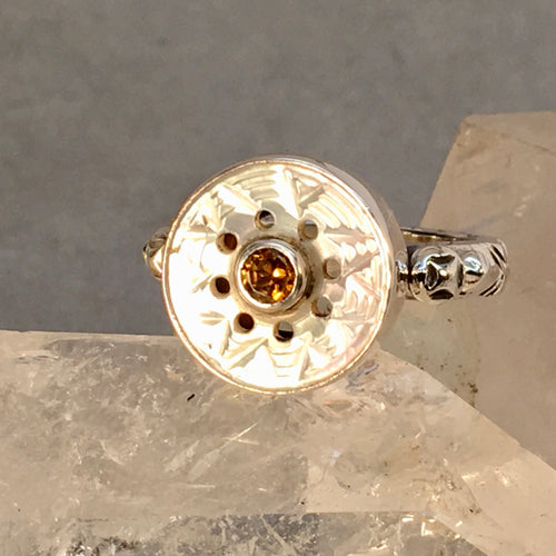 Carved Victorian Pearl with Citrine Facet Center Ring Size 7