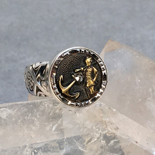 Man with Steel Facet Anchor Metal Button Ring Size 8
