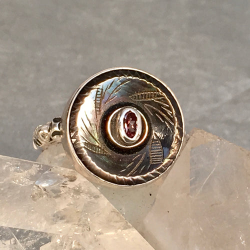Victorian Tinted Carved Pearl Button with Garnet facet Stone Center Size 8