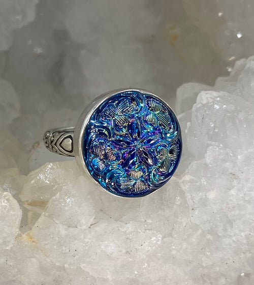 Antique Button Luster Czech Glass set in Sterling Silver Ring Size 8.25