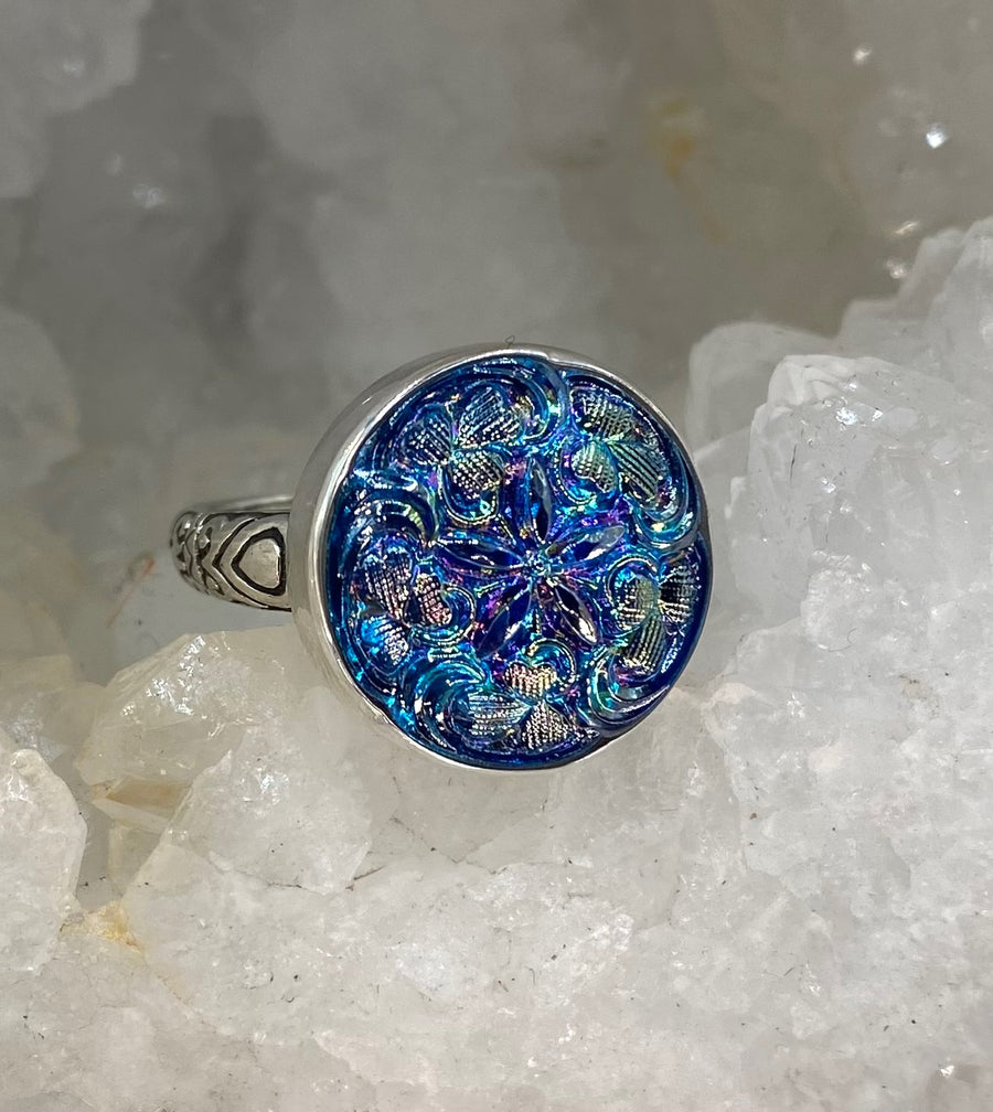 Antique Button Luster Czech Glass set in Sterling Silver Ring Size 8.25