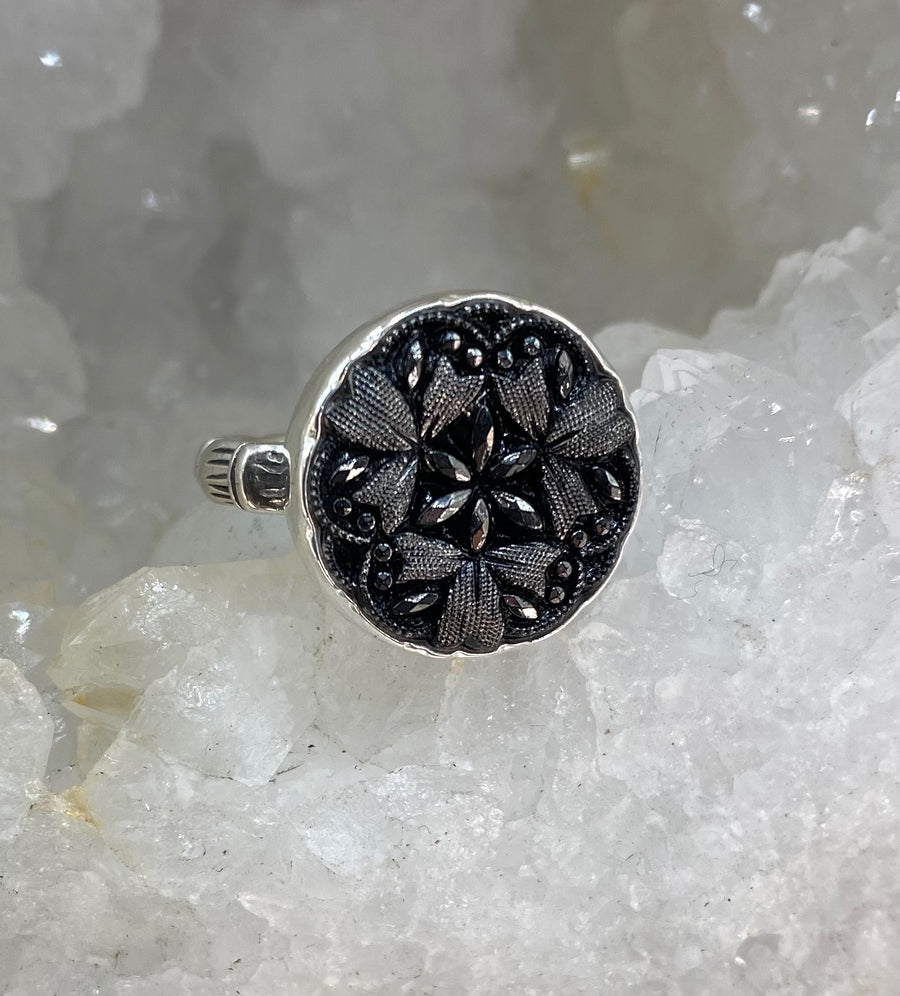 Antique Button Luster Czech Glass set in Sterling Silver Ring Size 8