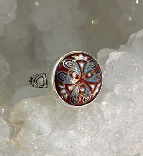 Antique Button Hand Painted Enamel set in Sterling Silver Ring Size 7.25