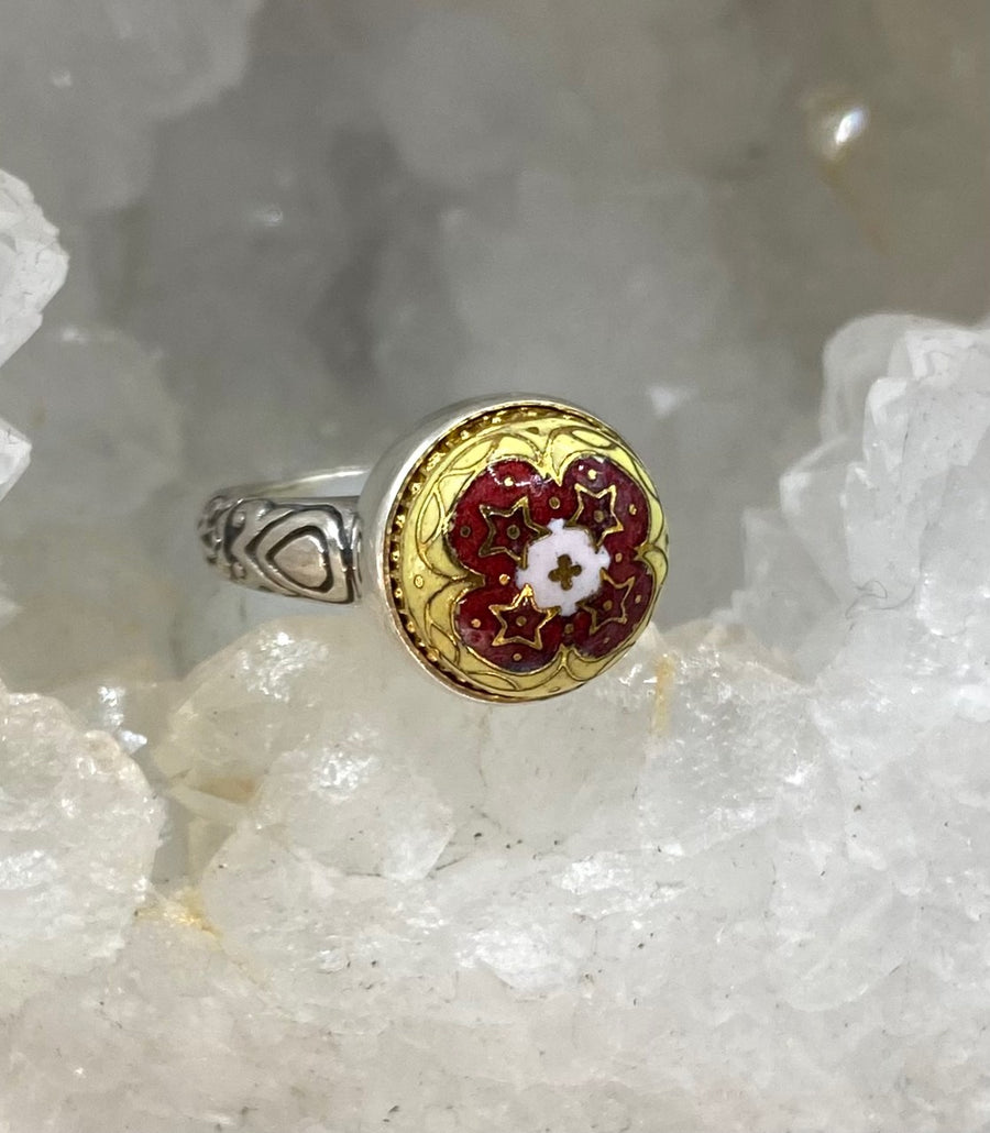 Antique Button Hand Painted Enamel set in Sterling Silver Ring Size 6-3/4