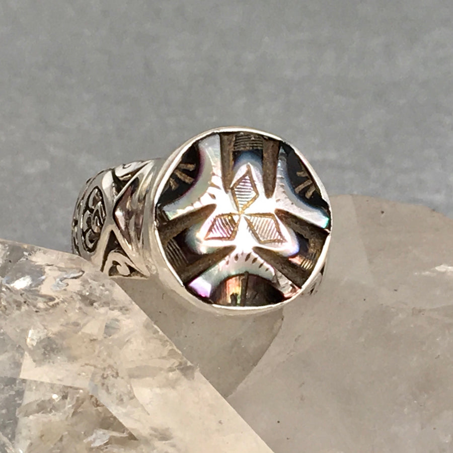 Carved Victorian Tinted Pearl Ring Size 7.5