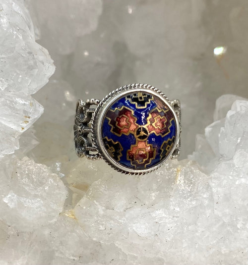Antique Button Hand Painted Enamel set in Filigree Sterling Silver Ring Size 7-1/2