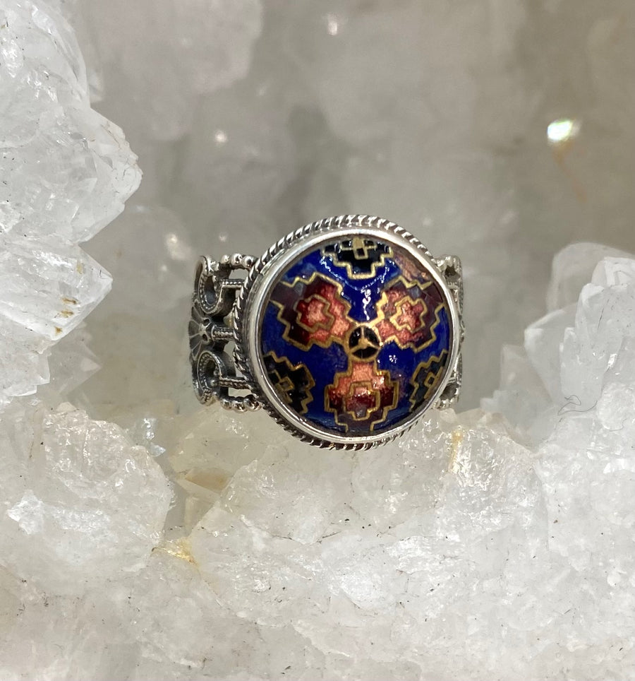 Antique Button Hand Painted Enamel set in Filigree Sterling Silver Ring Size 7-1/2