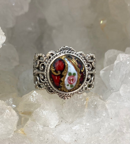 Antique Button Hand Painted Enamel set in Filigree Sterling Silver Ring Size 7