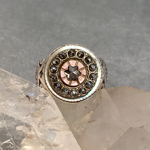 Victorian Steel Facet Border & Star w/ Shell Button Ring Size 7.5