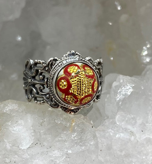 Antique Button Hand Czech Lacy Glass set in Sterling Silver Ring Size 8