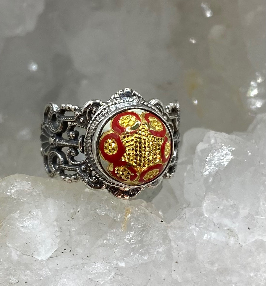 Antique Button Hand Czech Lacy Glass set in Sterling Silver Ring Size 8