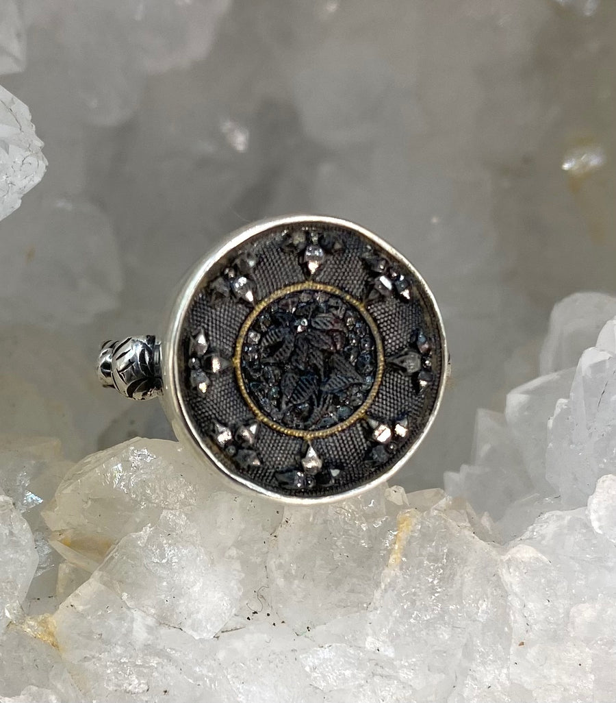 Antique Button Hand Czech Lacy Glass set in Sterling Silver Ring Size 7