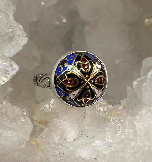Antique Button Hand Painted Enamel Domed set in Sterling Silver Ring Size 7