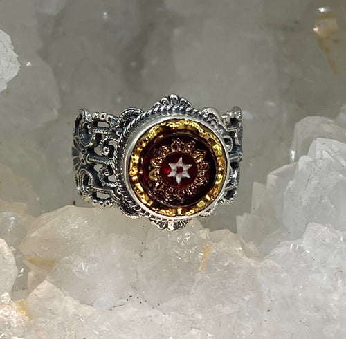 Antique Button Czech Glass in Metal set in Filigree Sterling Silver Ring Size 7-1/4