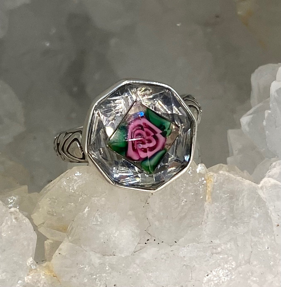Antique Button Czech Rose Center Glass set in Sterling Silver Ring Size 7