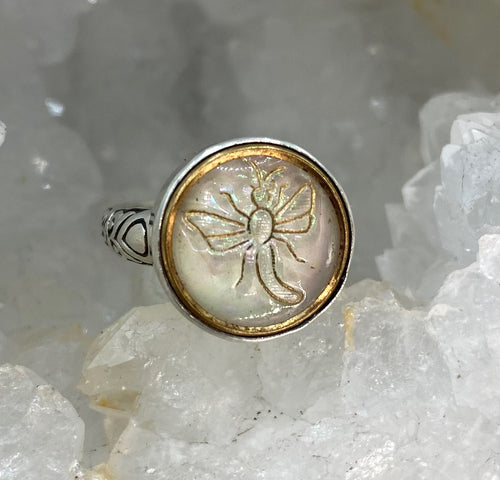 Antique Button Czech Glass Dragonfly in Metal set in Filigree Sterling Silver Ring Size 6-1/2