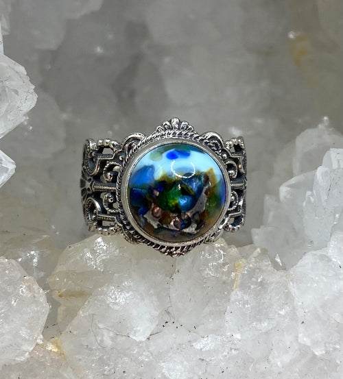 Leo Popper Victorian Glass Button set in Sterling Silver Size 7-1/2