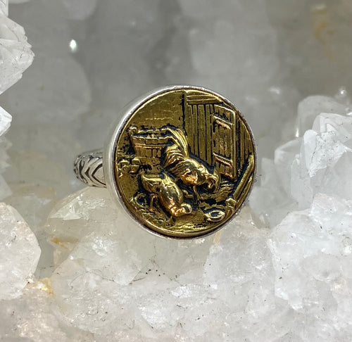 Antique Button Picture Metal Farm Image set in Sterling Silver Ring Size 7-1/2
