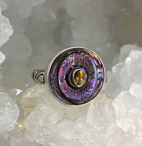 Victorian Carved Shell Button with Tourmaline Center Set in Sterling Silver ring Size 8