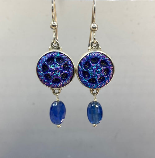 Luster Glass Button Earrings w/ Kyanite Stone Accent set in Sterling Silver