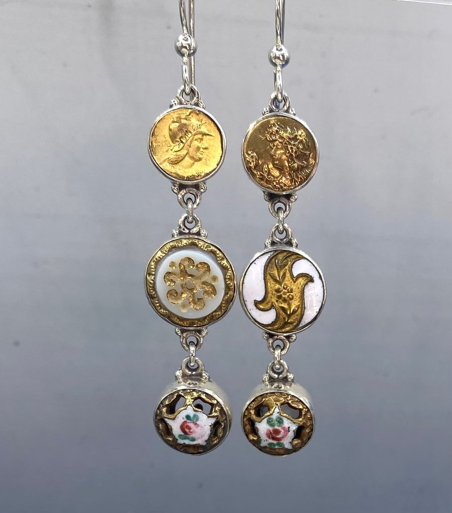 Victorian Assymetrical Button Earrings set in Sterling Silver