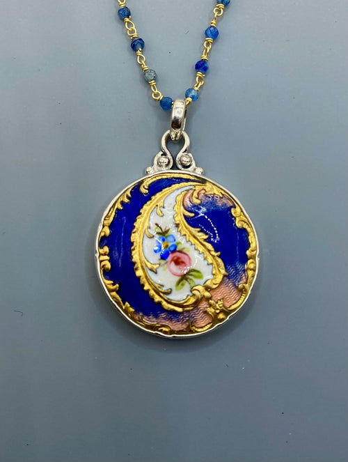 Victorian Hand Painted Enamel Button Set in Sterling Silver With Kyanite Facet Stone Rosary Accent