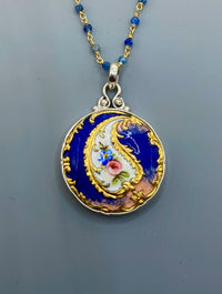 Victorian Hand Painted Enamel Button Set in Sterling Silver With Kyanite Facet Stone Rosary Accent