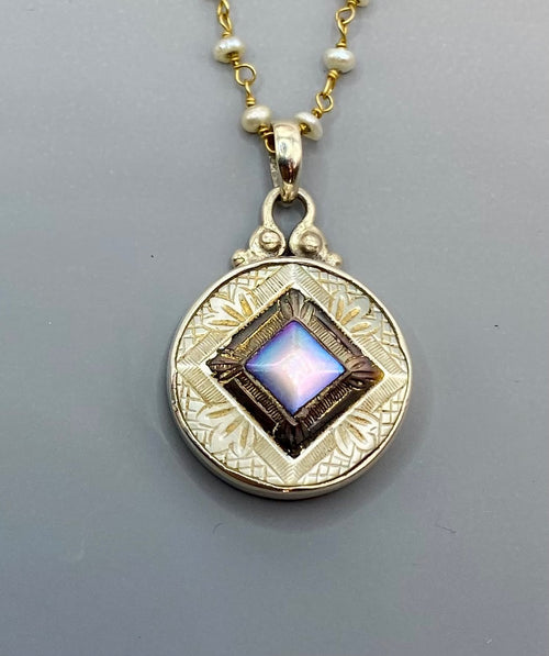 Victorian Carved Shell Pearl Button Set in Sterling Silver With Pearl Rosary Chain