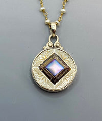 Victorian Carved Shell Pearl Button Set in Sterling Silver With Pearl Rosary Chain