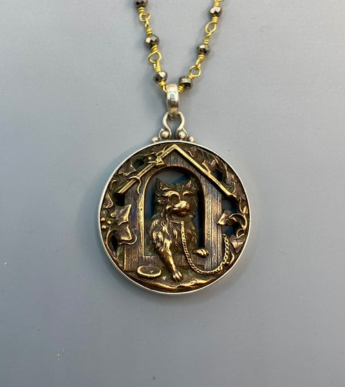 Victorian Picture Metal Dog In The Doghouse w/ Pyrrite Facet Stone Rosary